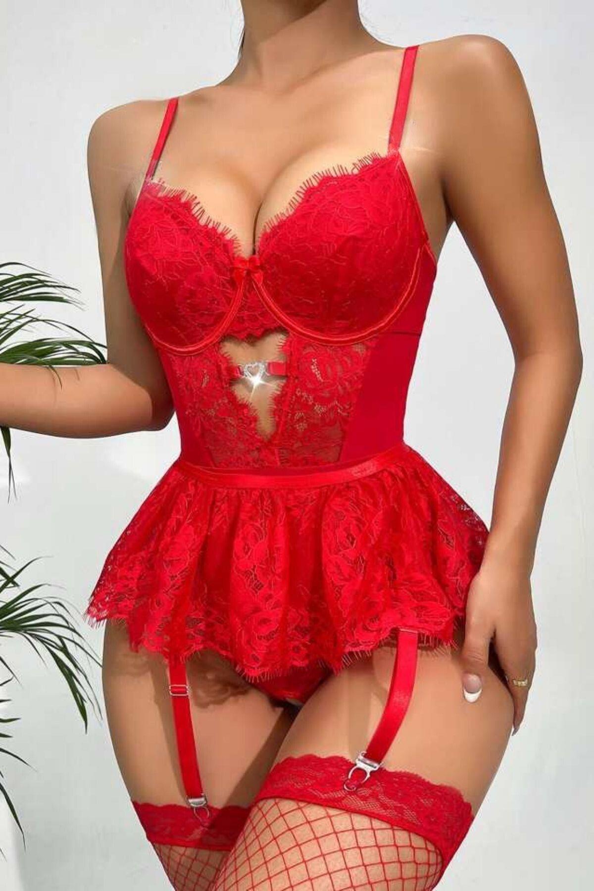 YNT%20Kırmızı%20Dantelli%20Etekli%20Babydoll%20Takım%2016517